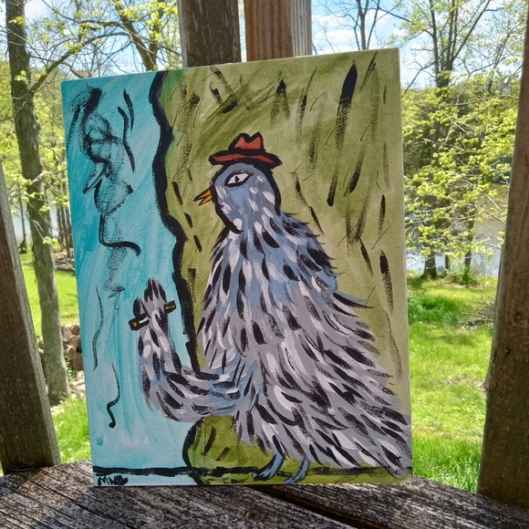 Pigeon Smoking Painting Folk Art Whimsical Decor - Picture 5 of 9